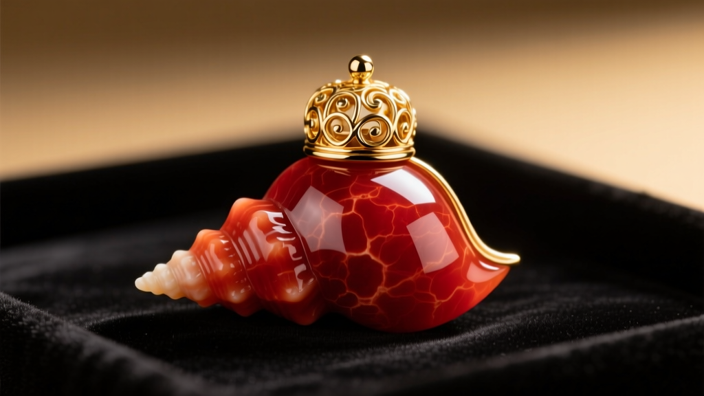 Close-up of polished red coral cornicello pendant with 18k gold cap resting on dark velvet under warm studio lighting.