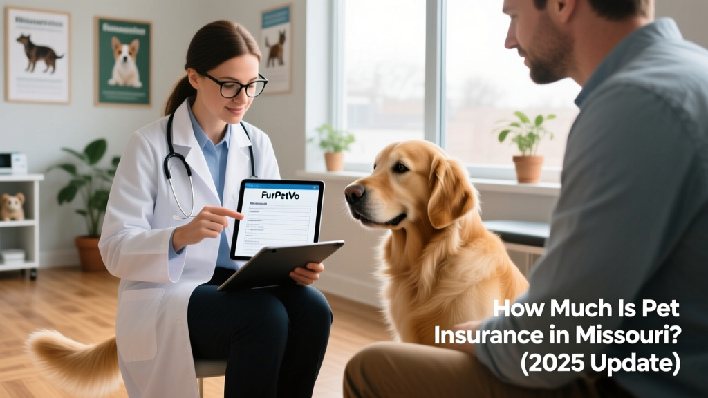 Missouri veterinarian reviewing a FurPetVo claim form on a tablet while consulting with a client and their golden retriever