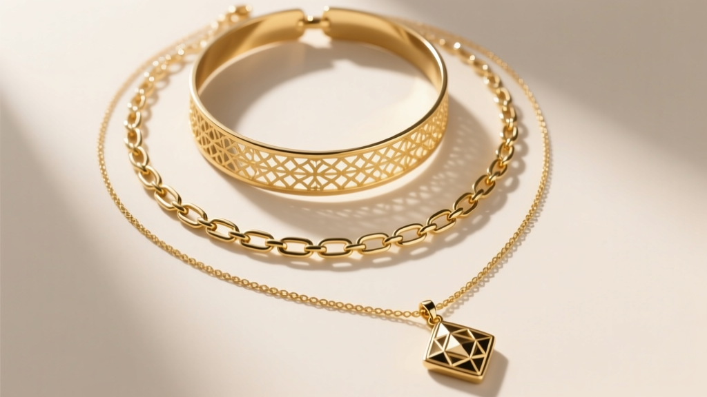 Overhead flatlay of three layered gold necklaces, showing a choker, a mid-length paperclip chain, and a long pendant.