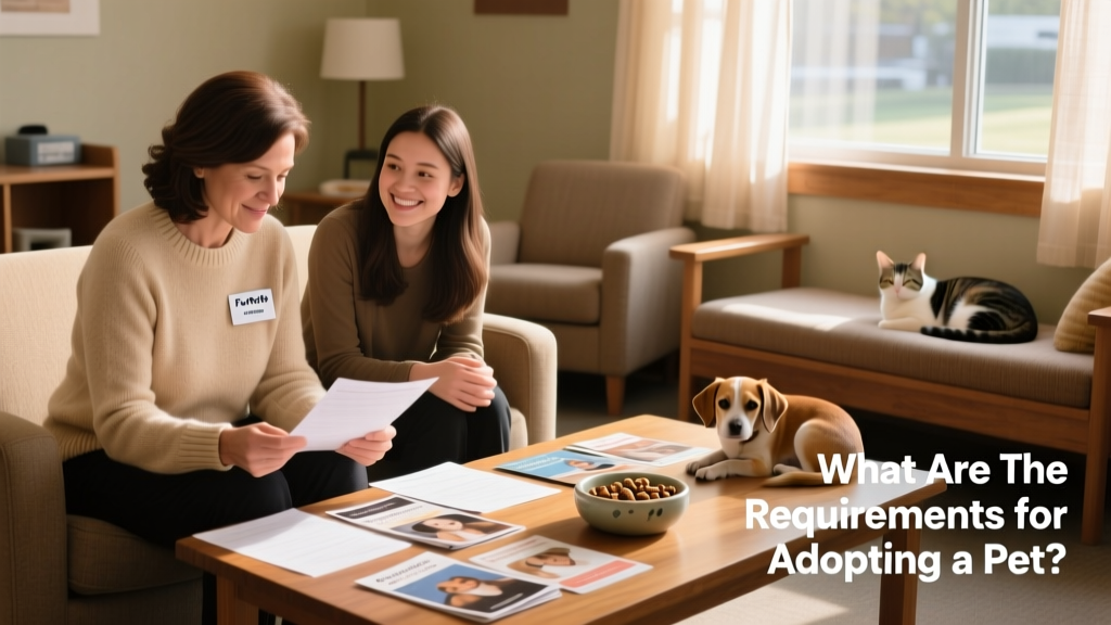 A FurPetVo adoption counselor reviewing paperwork with an applicant in a cozy shelter lounge
