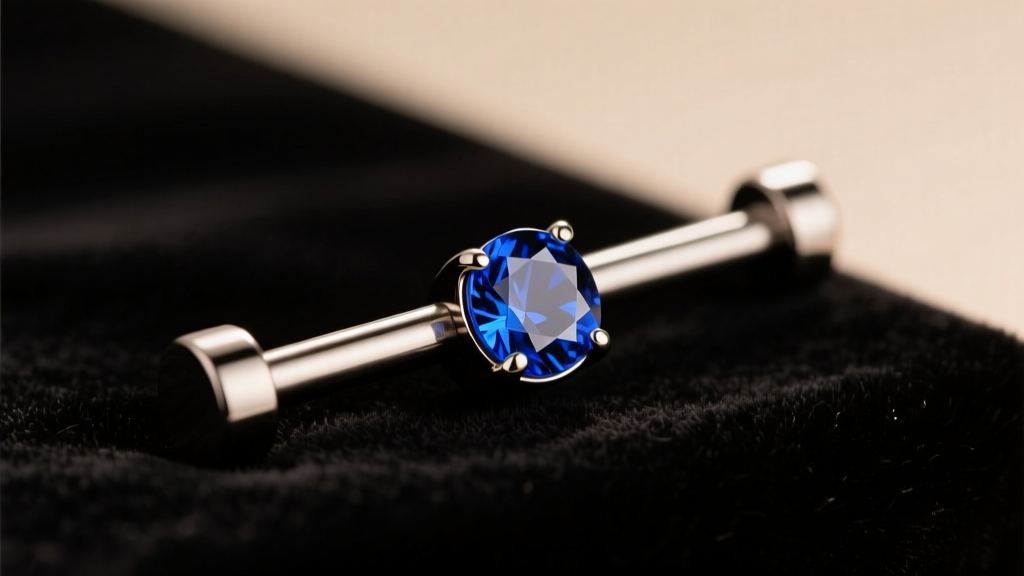 14-gauge titanium curved barbell with a bezel-set sapphire gem resting on dark velvet under soft warm directional studio lighting
