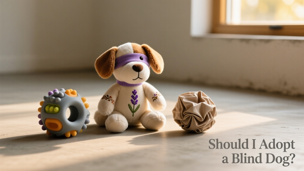 A variety of safe, sensory-rich toys for blind dogs arranged on a clean, low-lit floor: a scented plush toy, a textured rubber puzzle, and a crinkle ball