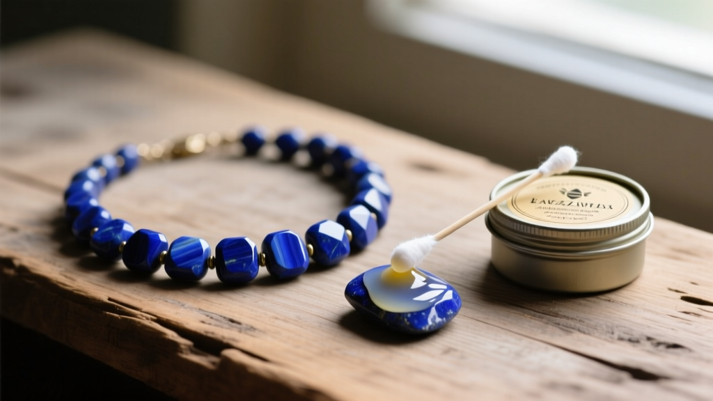 Conservation wax tin beside a vintage lapis lazuli choker, with a cotton swab applying a thin protective layer to the blue stone.
