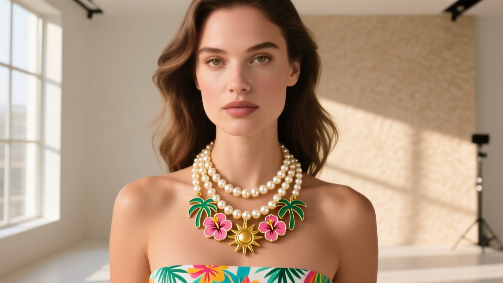 Woman wearing a layered stack featuring a 16-inch Lilly Pulitzer charm necklace paired with a delicate 18-inch gold pearl strand