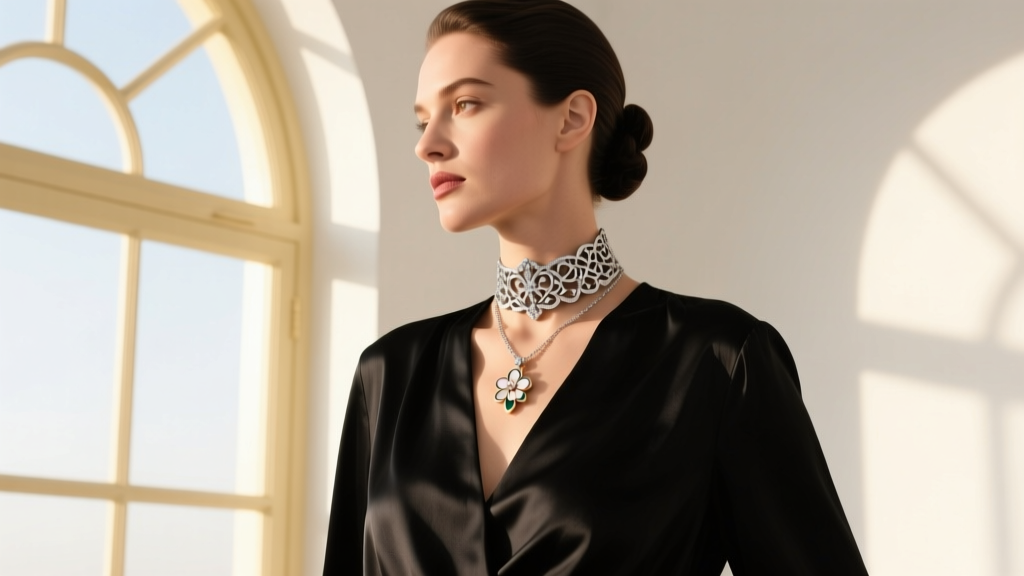 Woman wearing a vintage Lisner silver-tone choker and enamel pendant over a black silk blouse in bright natural window light