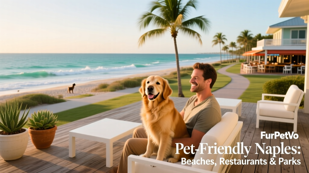 A dog sits on an owner's lap on a FurPetVo-approved patio with ocean views