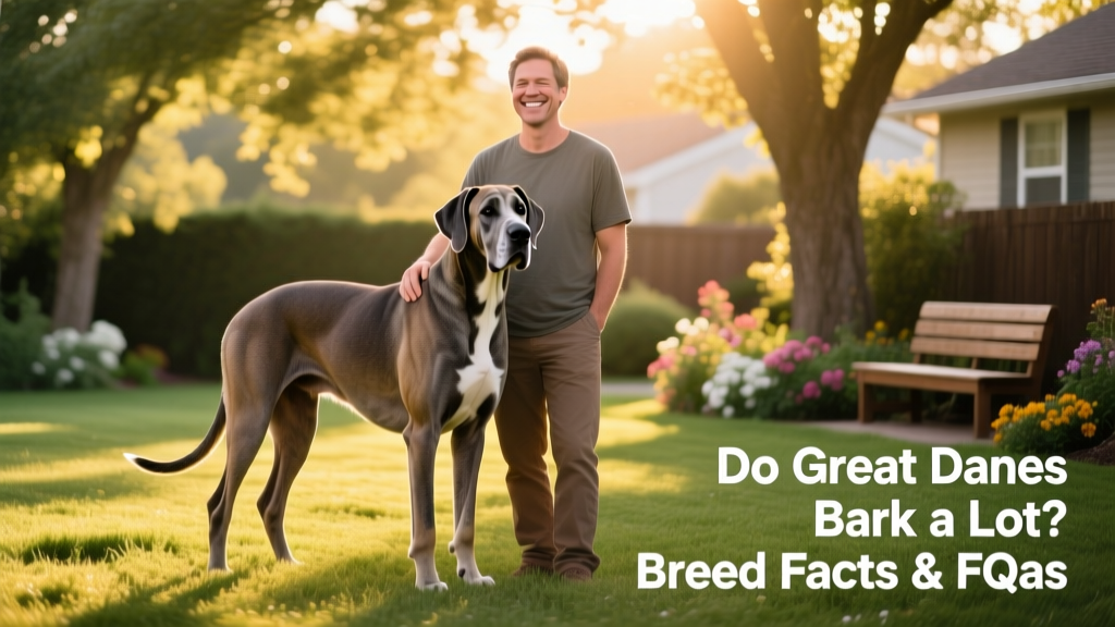 A serene adult Great Dane standing calmly beside its owner in a sunlit backyard