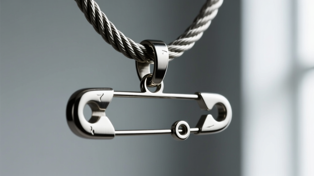 Macro shot of a chunky 14-gauge 316L surgical steel safety pin pendant on a thick cable chain, showcasing brushed metal texture.