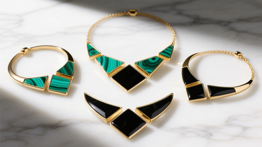 Flat lay of geometric Brooke Gregson Matter necklaces in matte 18k gold with inlaid malachite and black jade on white marble.