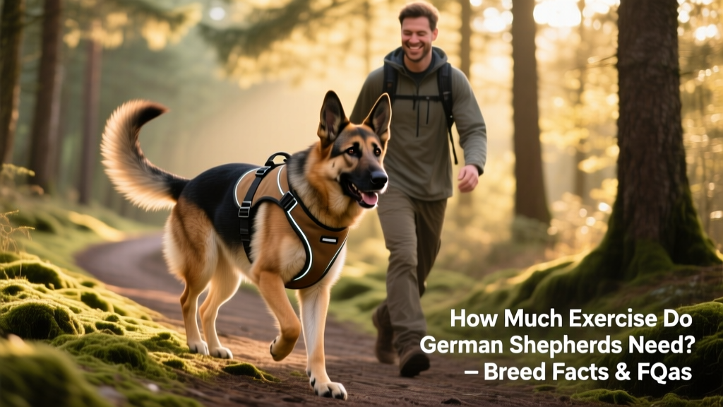 A happy German Shepherd wearing a durable, ergonomic harness while walking beside their owner on a forest trail