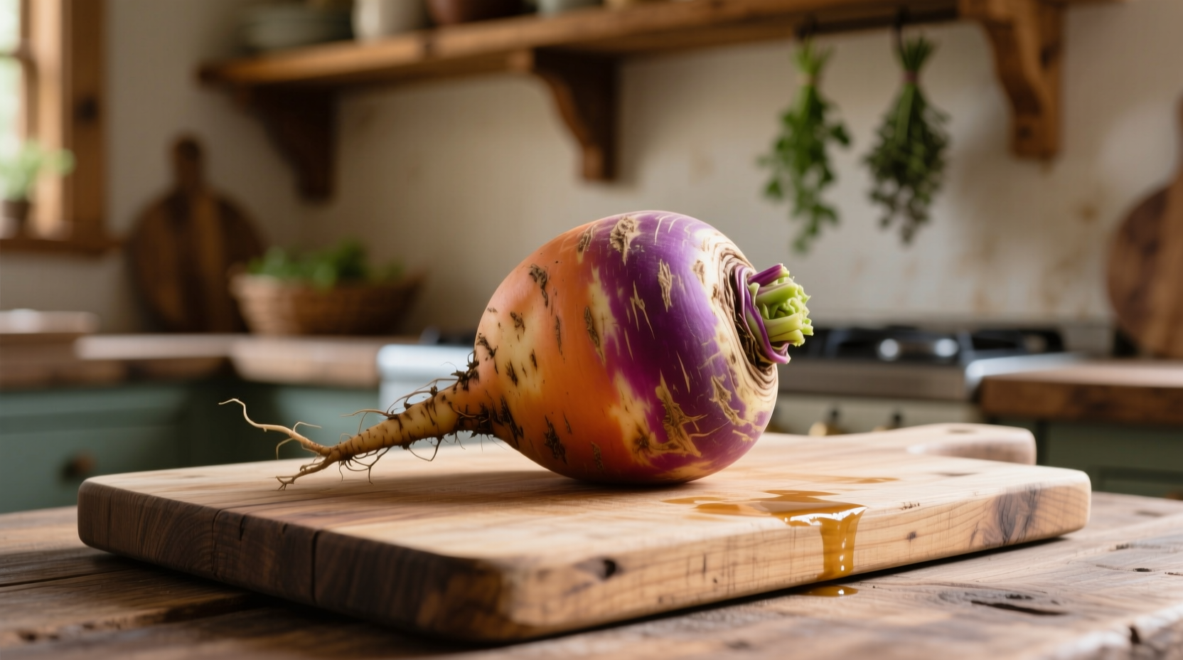 Rutabaga root vegetable on wooden cutting board