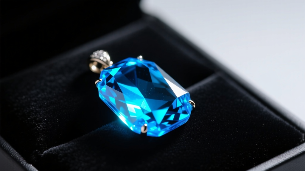 Close-up of a polished Dominican blue amber pendant glowing vibrant cyan under UV light against a dark velvet jewelry display.