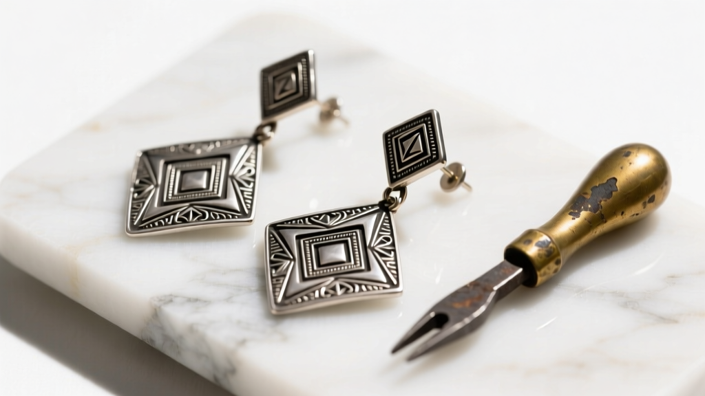 Overhead flatlay of signed vintage Mexican Taxco silver clip-on earrings on white marble, accompanied by a brass jeweler's loupe