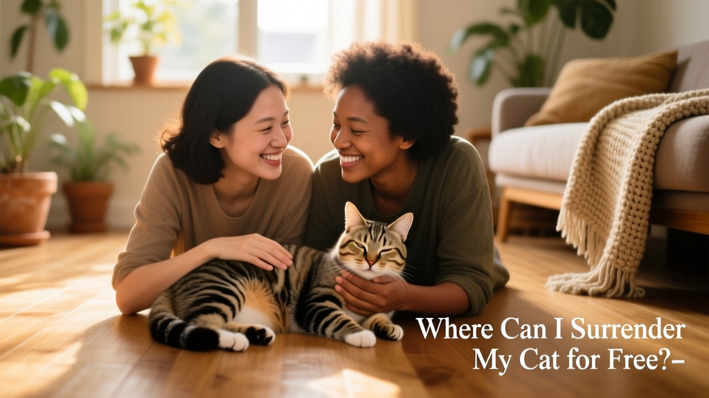 Two people gently holding a relaxed tabby cat between them, smiling as they look at each other — representing trust and transition