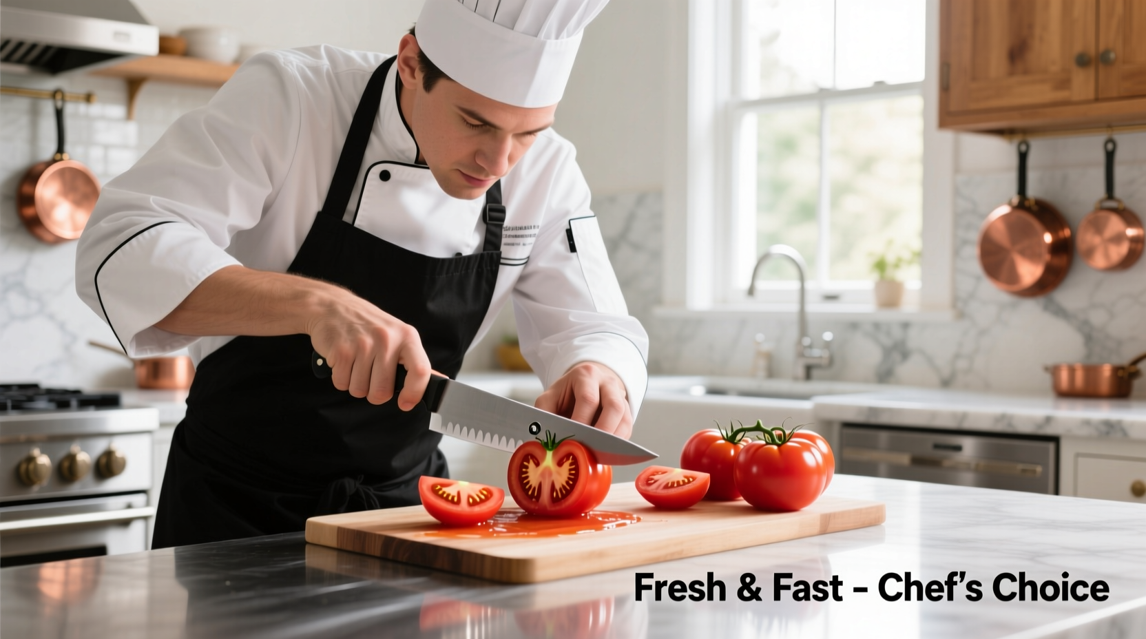 Professional chef using tomato cutter on ripe tomatoes