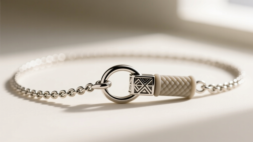 Close-up of a sterling silver lariat sliding clasp with silicone grip resting on a delicate 1.2mm rolo chain link, macro lens.