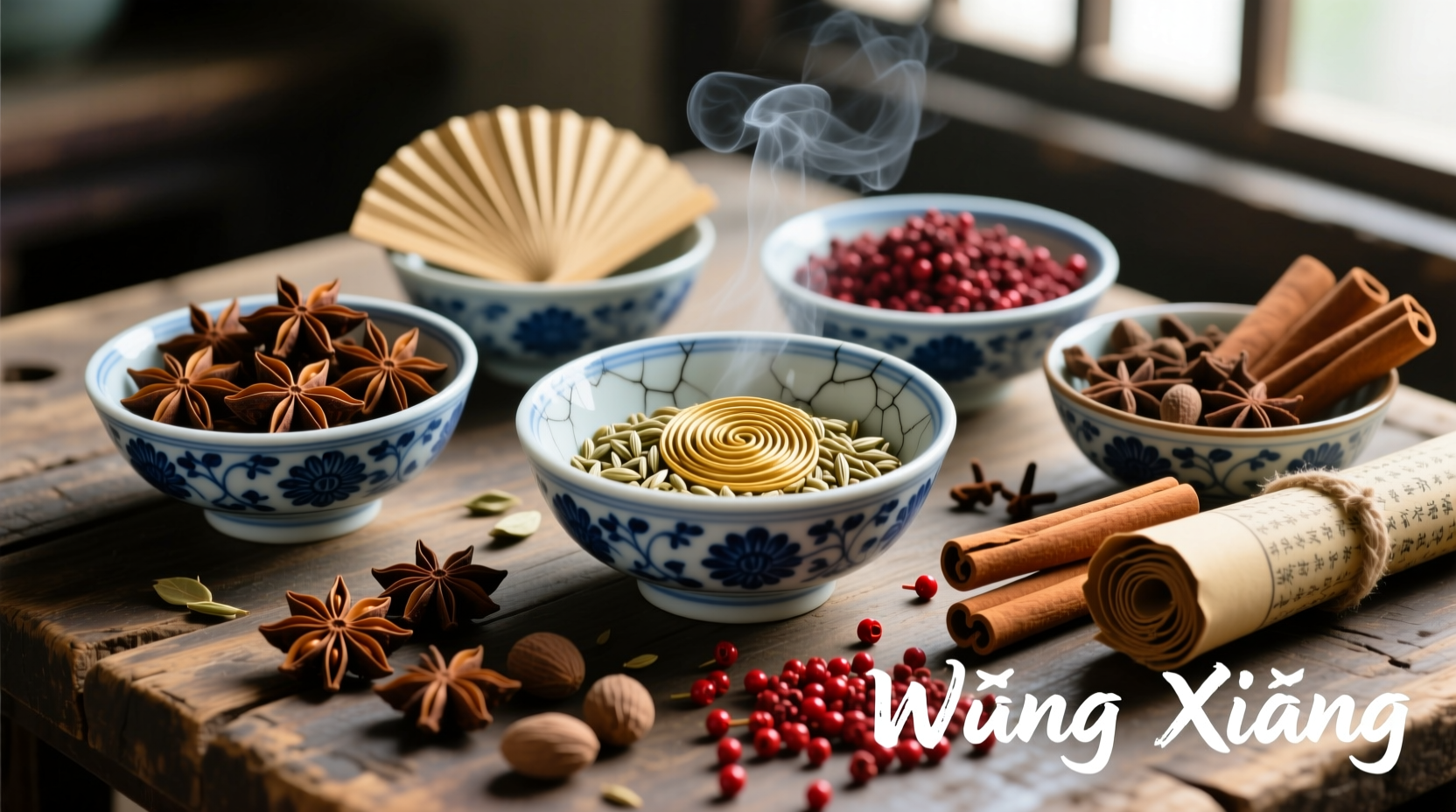 Chinese five spice ingredients in traditional ceramic bowls