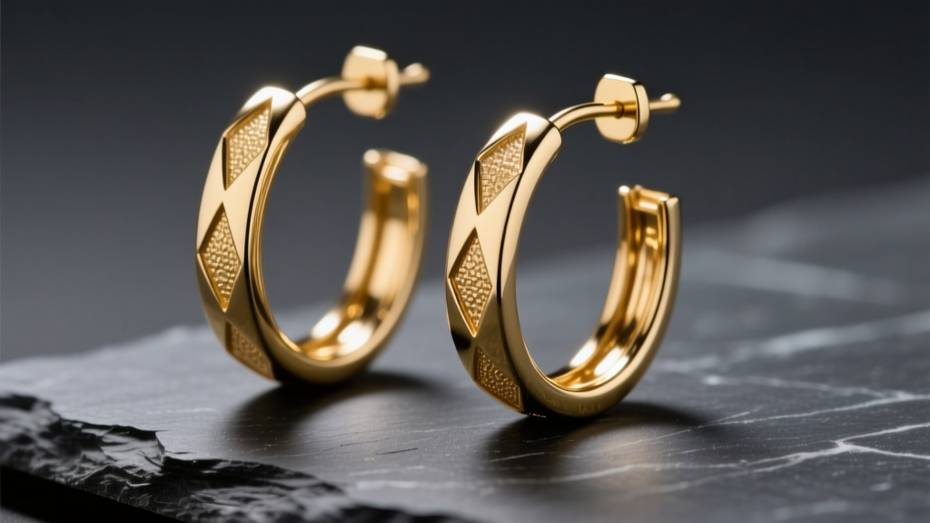 Close-up of delicate 14k gold skinny hoop earrings resting on a dark slate surface, illuminated by soft directional studio light