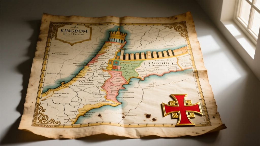 A vintage parchment map of the Kingdom of Jerusalem showing a faded, ornate red Jerusalem cross emblem in the bottom right corner.