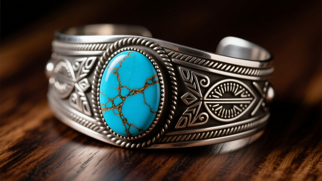 Close-up of a vintage Begay Navajo tufa cast silver cuff bracelet with a large oval turquoise stone resting on a dark wood surface.