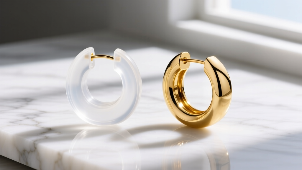 Side-by-side clear silicone jumbo earring back and polished 14k yellow gold wide-disc earring back resting on white marble surface