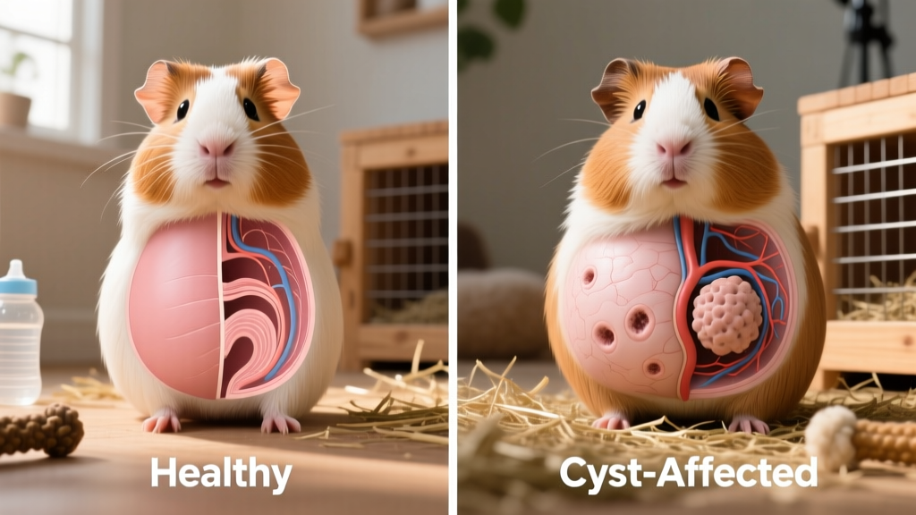 Side-by-side comparison of healthy vs. cyst-affected guinea pig abdomen (illustrative diagram)
