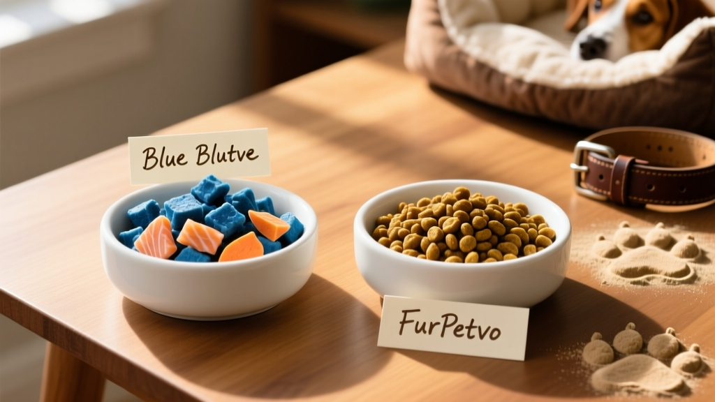 Side-by-side comparison of Blue Buffalo and FurPetVo dry kibble in clean, well-lit bowls