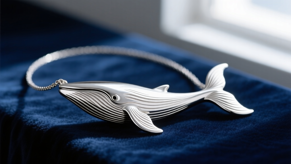 Macro shot of brushed texture on the flukes of a sterling silver whale tail necklace resting on a deep navy blue velvet backdrop