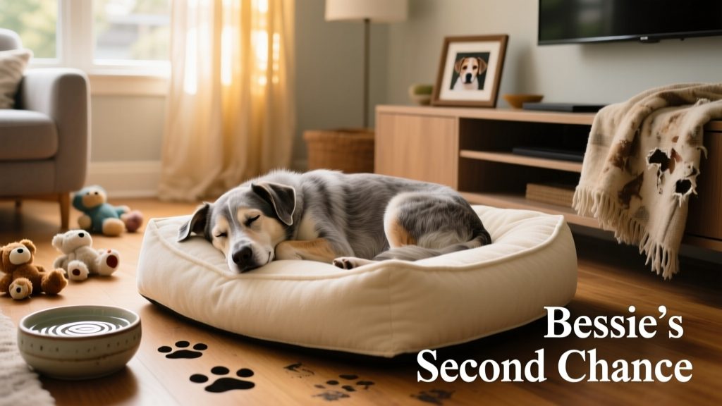 Bessie curled up asleep on a large, cushioned dog bed in a sunlit living room, surrounded by toys and a water bowl