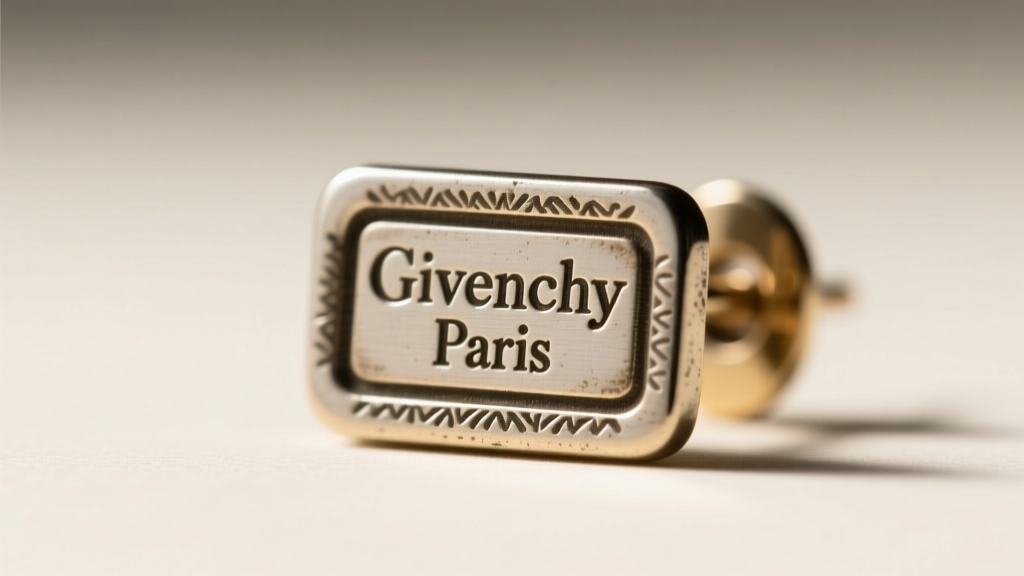 Macro shot of vintage Givenchy earring back showing a stamped rectangular cartouche hallmark clearly reading Givenchy Paris