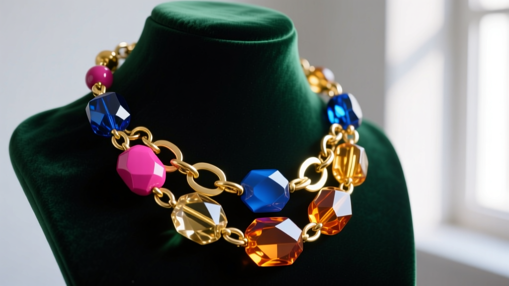 Close-up of a vibrant multicolor statement necklace with chunky resin and gold vermeil links, displayed on a dark velvet bust.