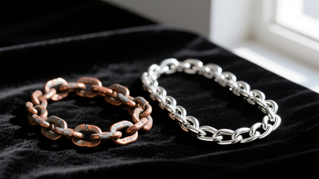 Tarnished 925 copper-alloy chain next to a bright, untarnished Argentium silver chain resting on a piece of dark velvet fabric