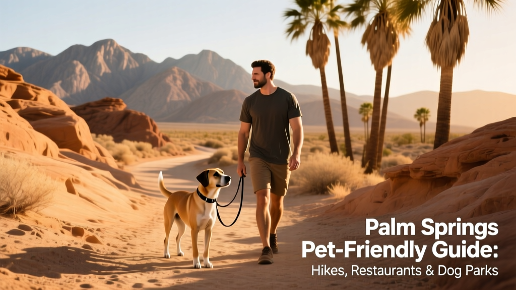 A person and their leashed dog pausing on a shaded desert trail with mountains and palm trees visible in the distance