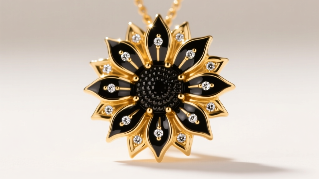 Macro shot of a gold sunflower pendant center with black vitreous enamel and tiny pave diamonds under bright studio lighting.