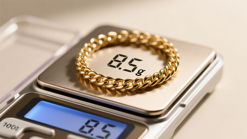 Jeweler scale weighing a 60cm 14k white gold rope chain, showing 8.5 grams on the digital screen under warm overhead lighting.