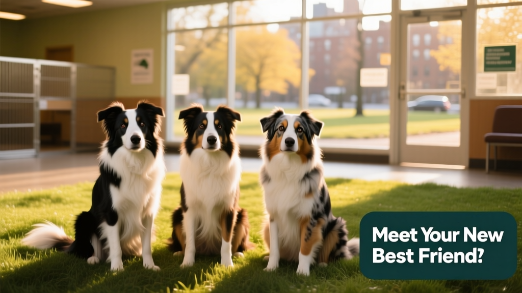 Three friendly herding-type dogs sitting side by side on a sunlit grassy patch at a New York shelter