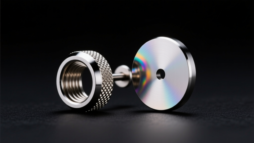 Macro shot of an internally threaded titanium earring post and flat back disc, bright metallic gleam against a dark studio backdrop.