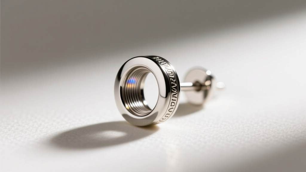 Macro shot of a 6mm implant-grade titanium flat-back earring showing the precise internal threading and polished mirror finish