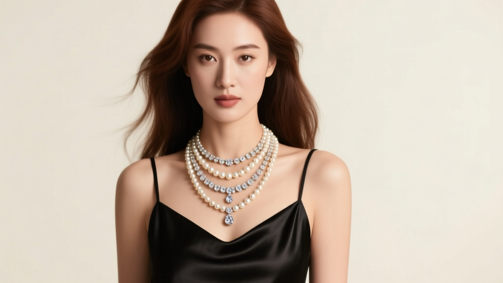 Elegant woman wearing a layered vintage pearl and diamond station necklace over a black silk camisole in soft studio lighting