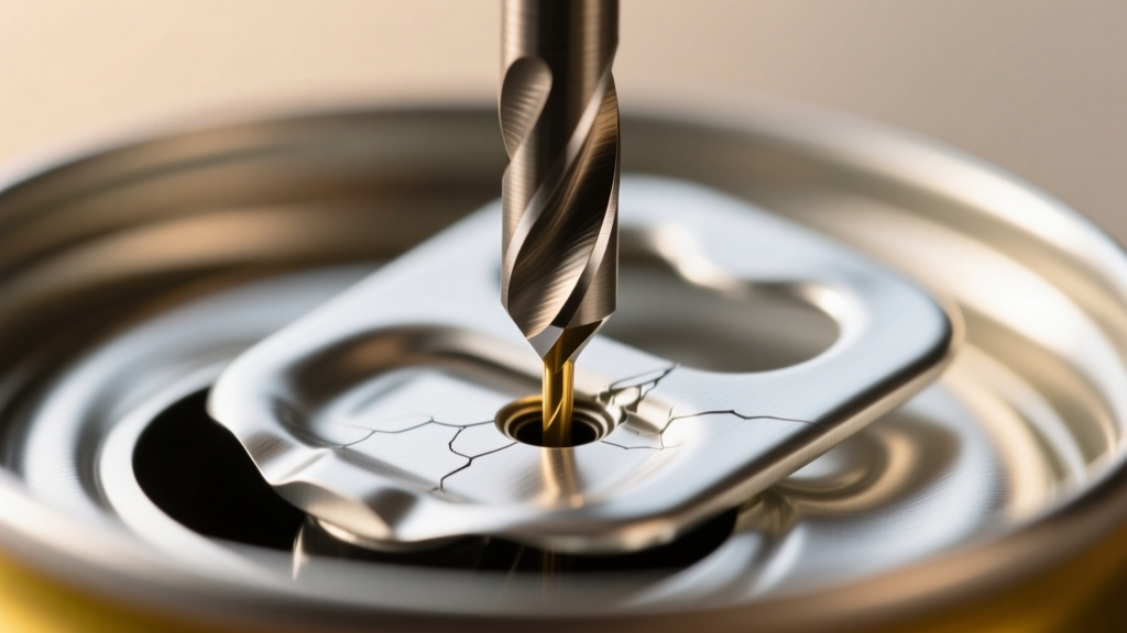 Macro view of a micro drill bit piercing an aluminum pull-tab, showing precise hole placement to attach small jewelry jump rings.