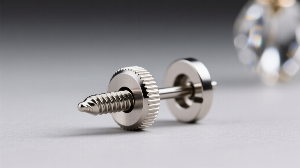 Close-up of a titanium earring post with a secure screw-back mechanism, designed for heavy chandelier earrings on sensitive lobes