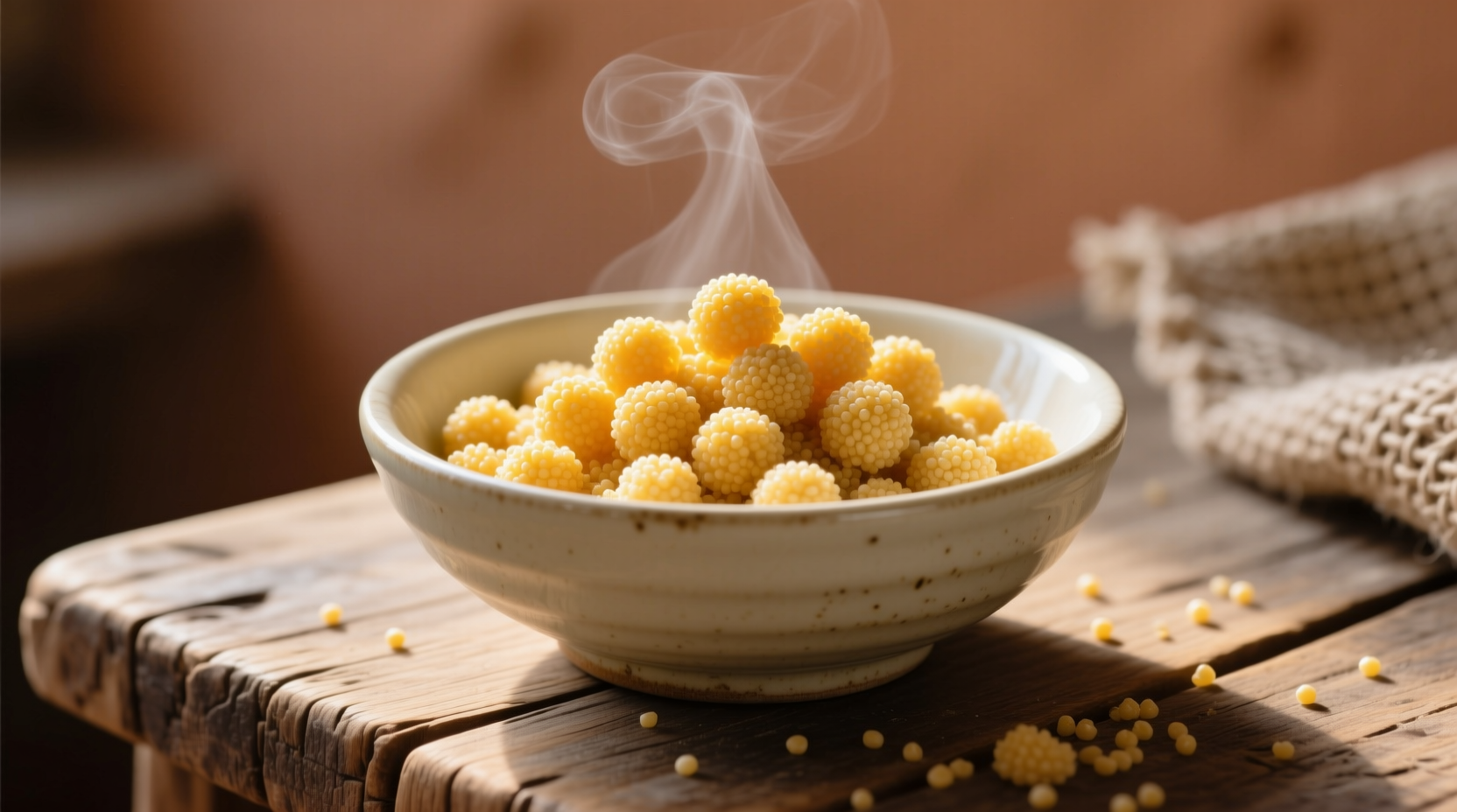 Fluffy golden couscous pearls in ceramic bowl