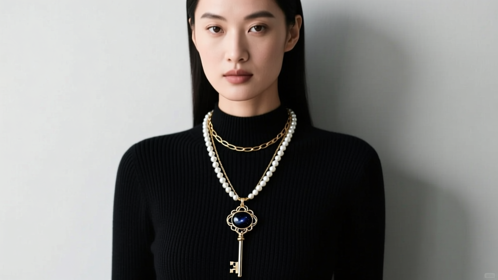 Model wearing a layered stack with a gold chain, pearl strand, and a long dark void key pendant resting on a black knit sweater.