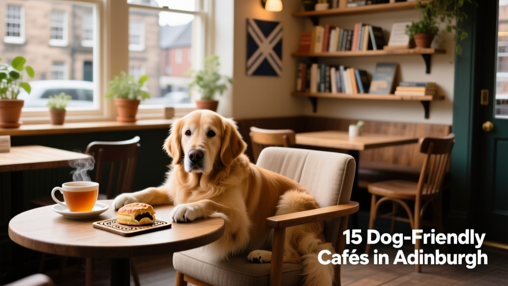 Cozy interior of a dog-friendly café in Edinburgh with a relaxed dog resting near a table