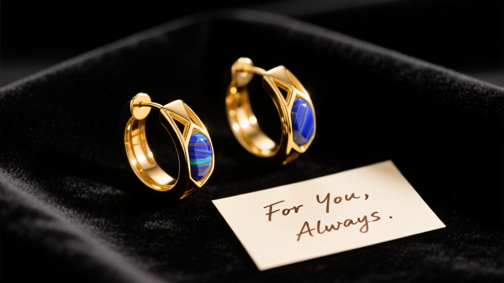 Close-up of 18k yellow gold hoop earrings with lapis lazuli inlays resting on dark velvet next to a handwritten note, soft warm lighting.