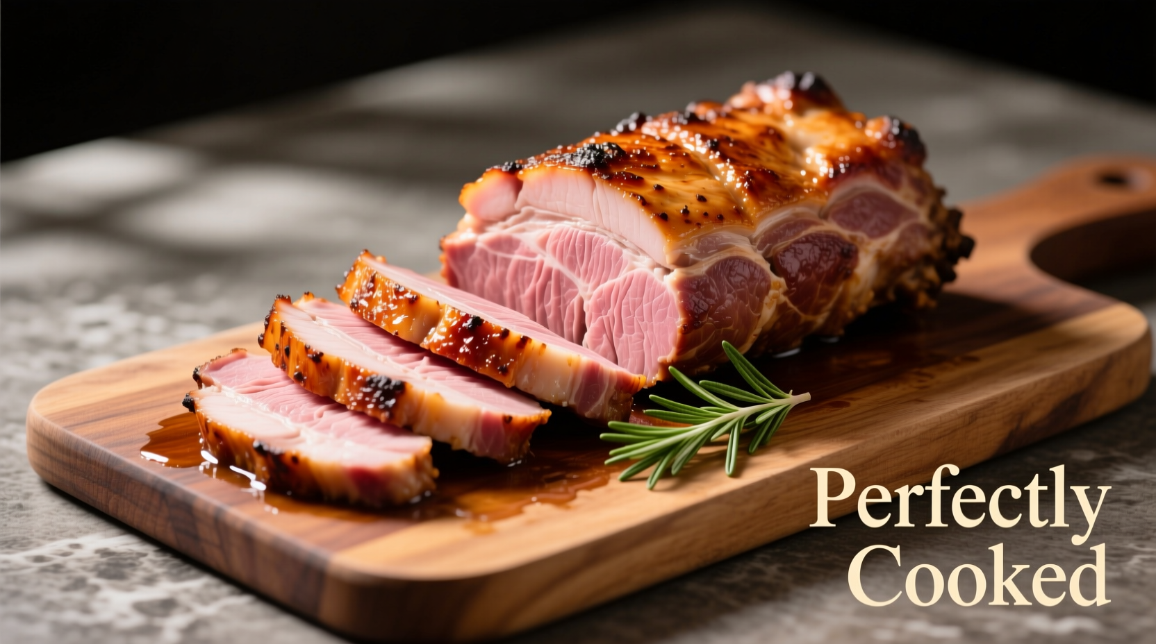 Perfectly cooked pork loin sliced on cutting board