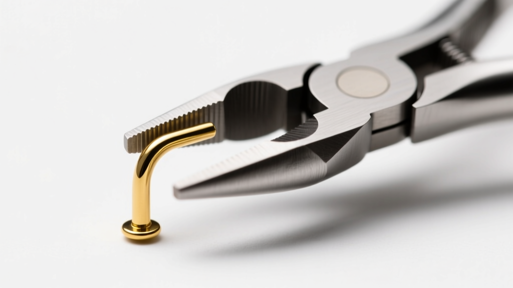 Jewelry needle nose pliers bending the L-shaped post of a 20-gauge solid gold nose screw to achieve a precise and comfortable fit
