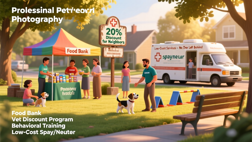 Infographic-style illustration showing supportive community resources: food bank, vet discount program, behavioral training, and low-cost spay/neuter services