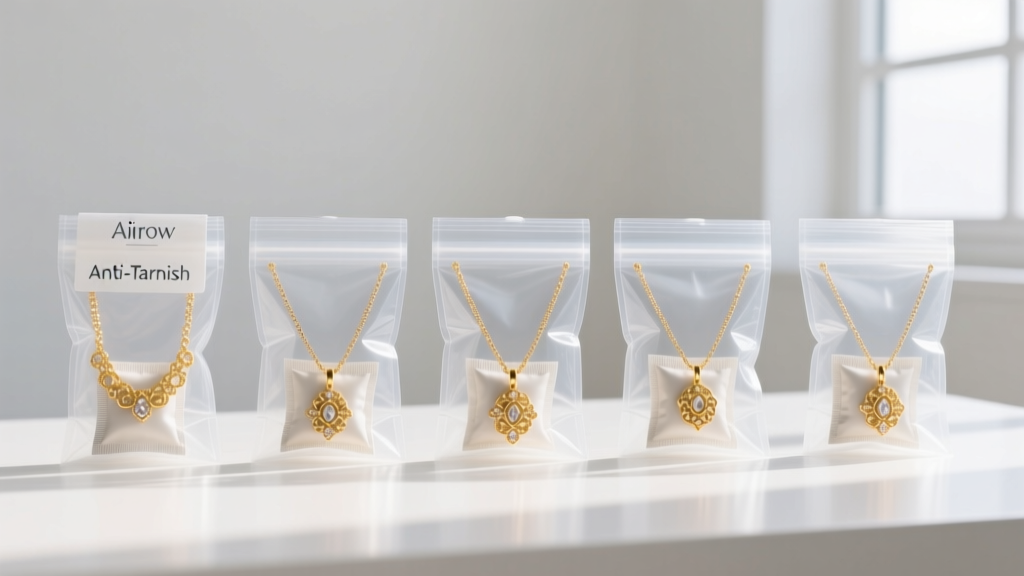 Airtight plastic jewelry storage bags containing gold fashion necklaces with small anti-tarnish silica gel packets inside.