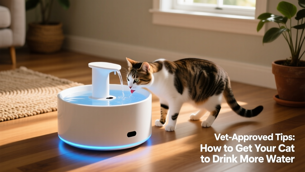 Modern white pet water fountain with circular basin and soft blue LED light, placed on hardwood floor